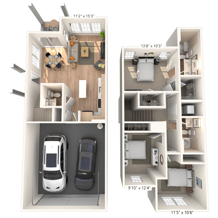 Floor plan for 3 beds, 2.5 baths, 1286 sqft